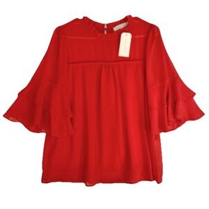 Monteau Sheer Panel High Neck Tiered Chiffon Ruffle Sleeve Blouse Women L Red